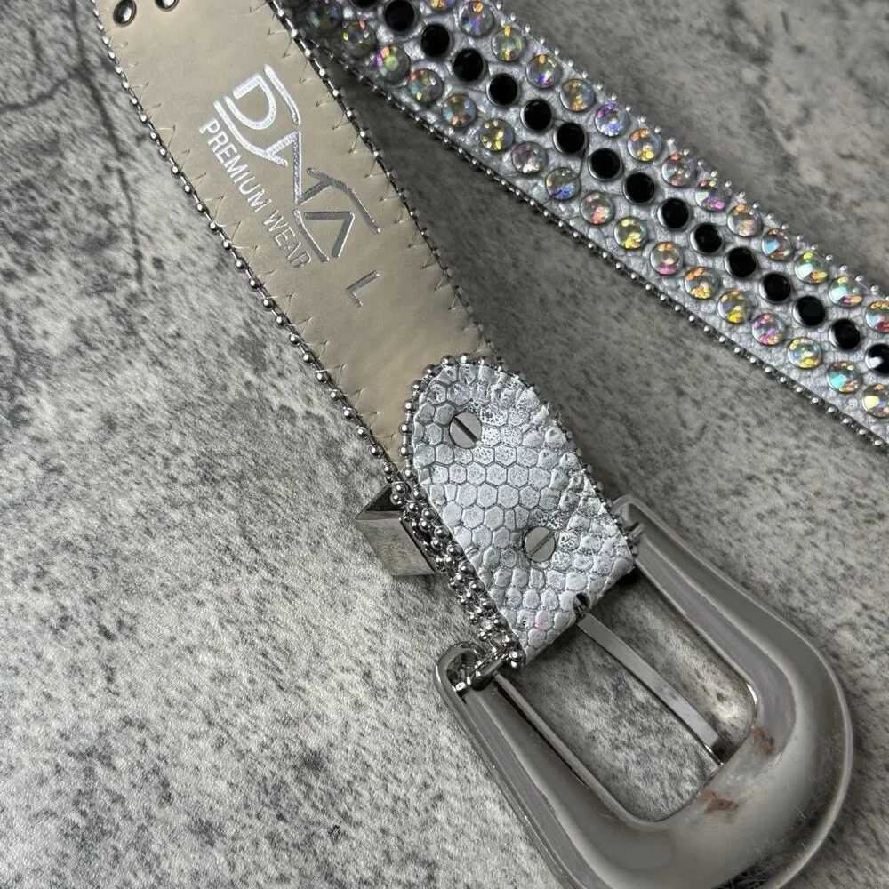 DNA Rhinestone Belt Men L Silver Rodeo Western Streetwear Buckle Bling LEather